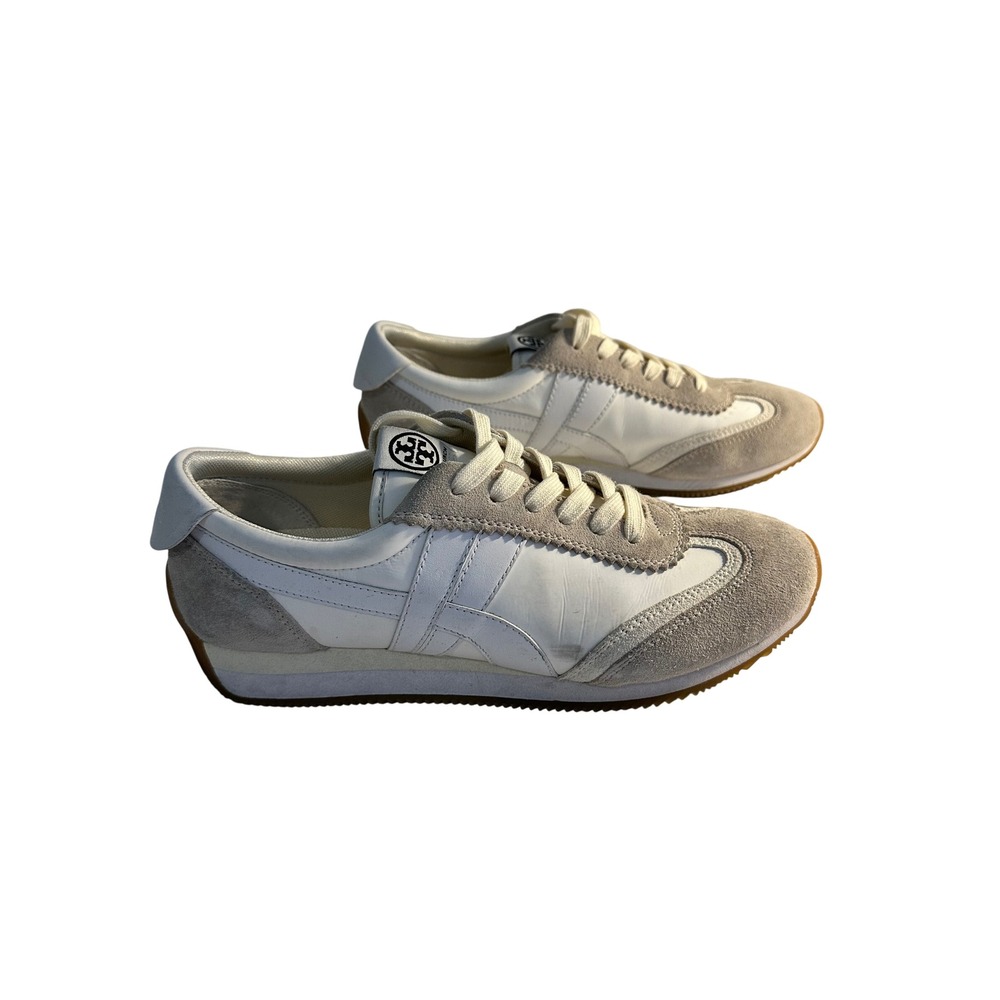 Tory Burch Hank Leather Retro Sneaker Size 9.5 Snow White‎ Beige Suede